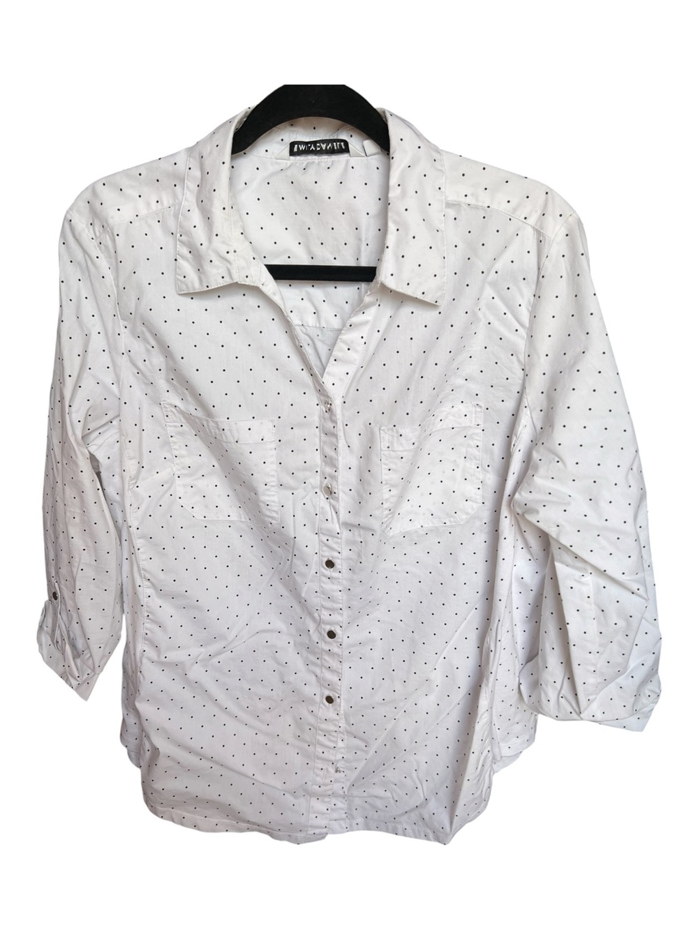 Polka Dot Button-Down Shirt in White, 3/4 Sleeves